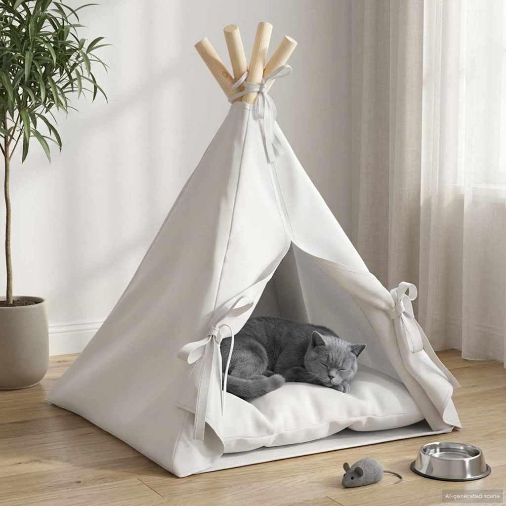 Haustier-Tipi mit Kissen Weiss 40 x 40 x 50 cm Polyester Kiefernholzrahmen Katzenbett Schlafplatz mi