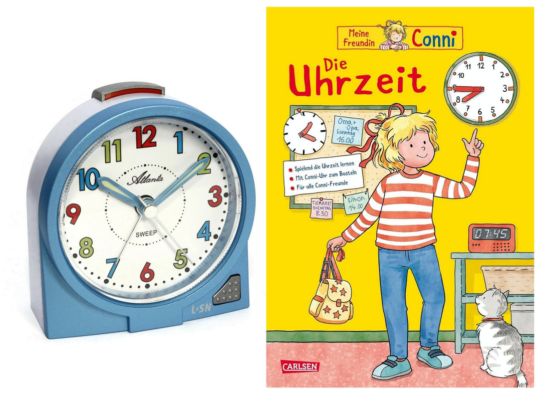 Atlanta Kinderwecker Mädchen ohne Ticken + Kinderbuch Conni Die Uhrzeit - 2127/5 BU (Blau Conni), Bl