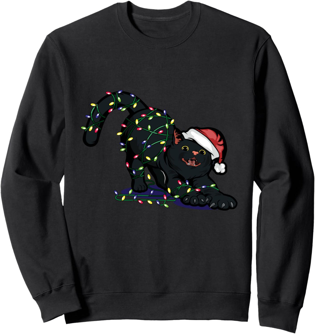Verspielte schwarze Katze Santa verwickelt in Sweatshirt