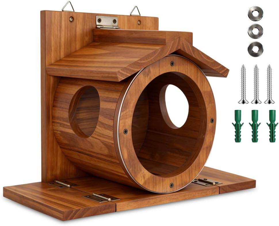 NAVESO Eichhörnchen Futterhaus, Eichhörnchen Haus Wetterfest,Eichhörnchenhaus aus Holz mit Runden Tr