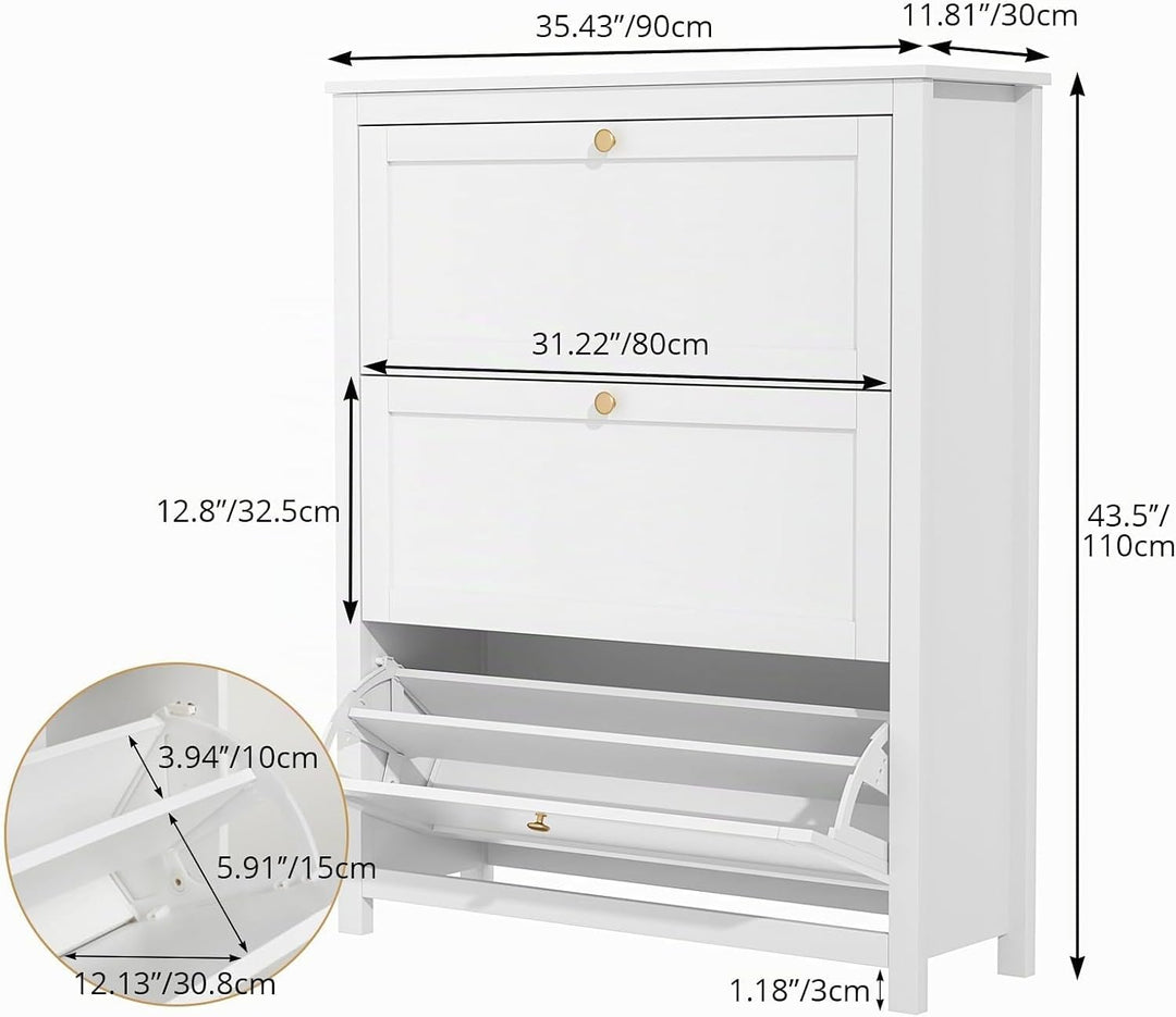VOWNER Schuhschrank mit 3 Klappen, Schuhregal Schuhkipper Schmal, Schuhschrank Weiss, mit 6 Fächern,