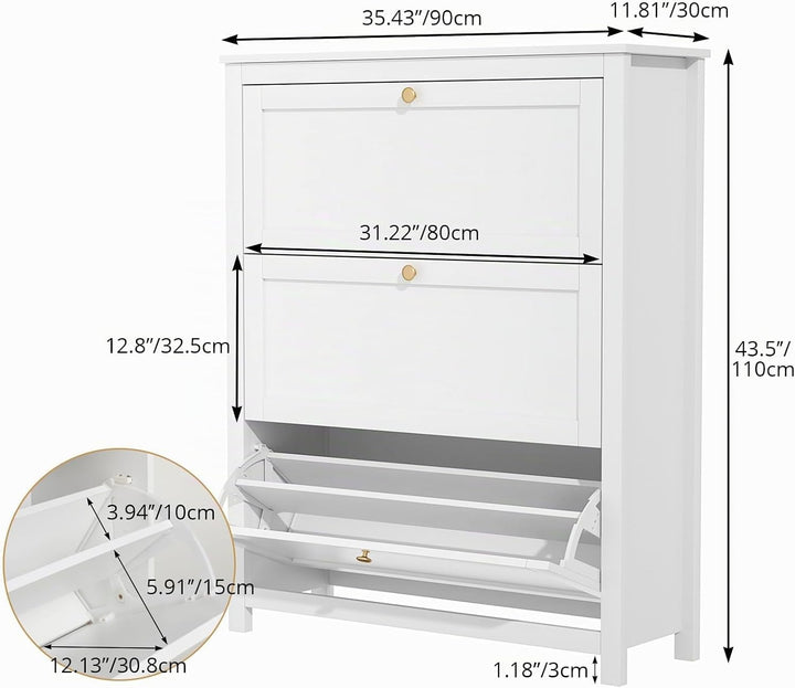 VOWNER Schuhschrank mit 3 Klappen, Schuhregal Schuhkipper Schmal, Schuhschrank Weiss, mit 6 Fächern,