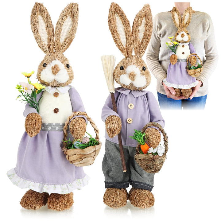 com-four® 2X XL Stroh Osterhase handgemacht - 44 cm Deko-Osterhase zur Osterdekoration - Strohfigure