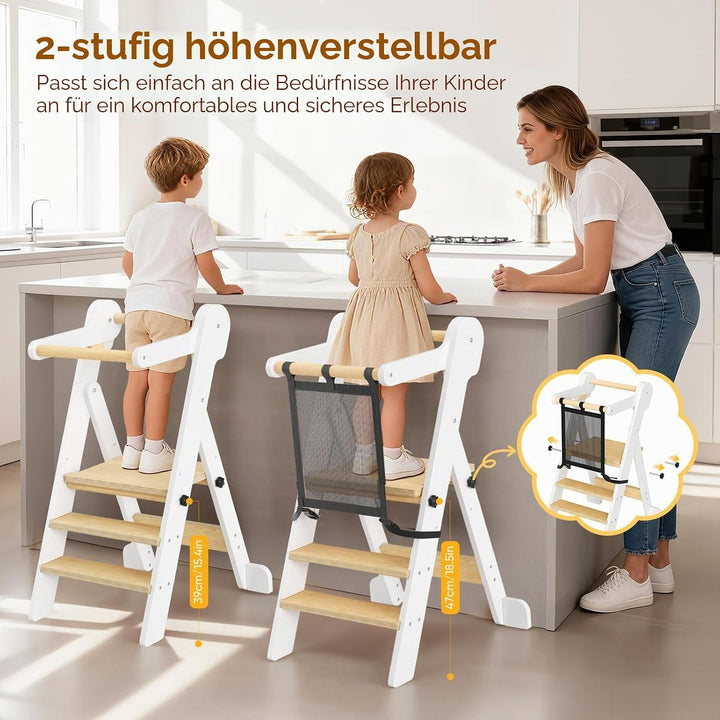Kinder Lernturm klappbar Tower Mit Netzbeutel,Faltbarer Montessori Lernturm, 2-stufiger Höhenverstel