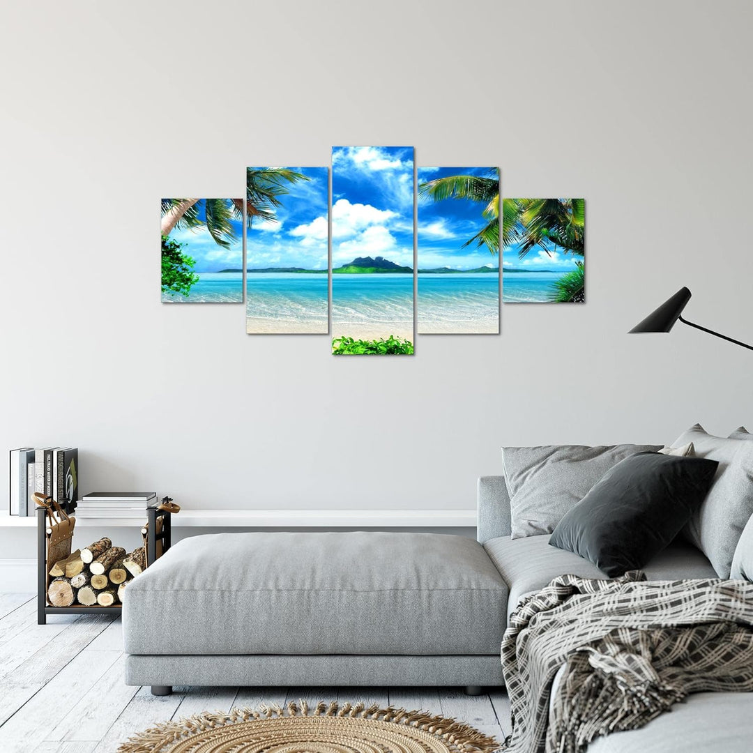 Runa Art Bild Schlafzimmer Wohnzimmer Strand Palmen 5 Teilig Meer Blau Beige Wandbilder auf Vlies Le