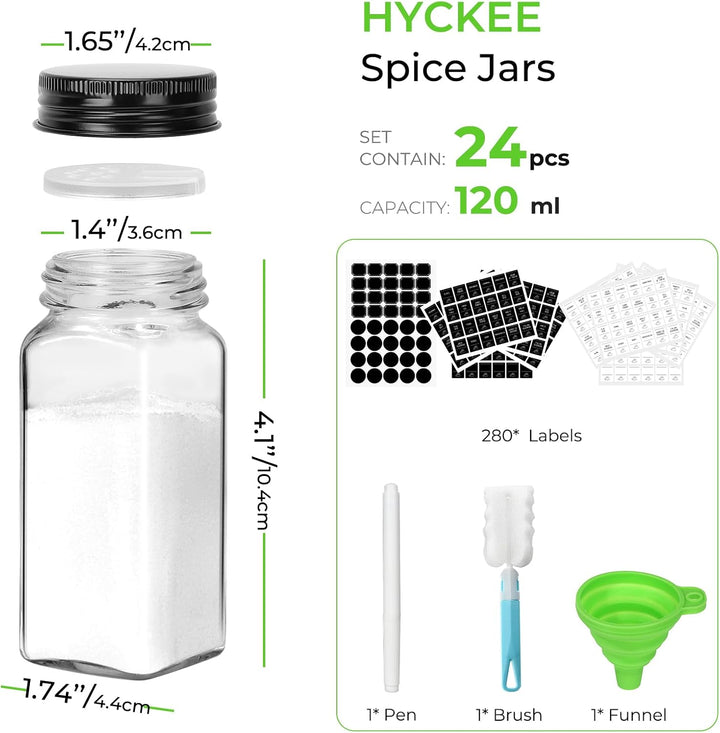 24 Premium Glass Spice Jars (4oz/120ml) with Black Metal Lids - Complete Set with Spice Labels, Shak