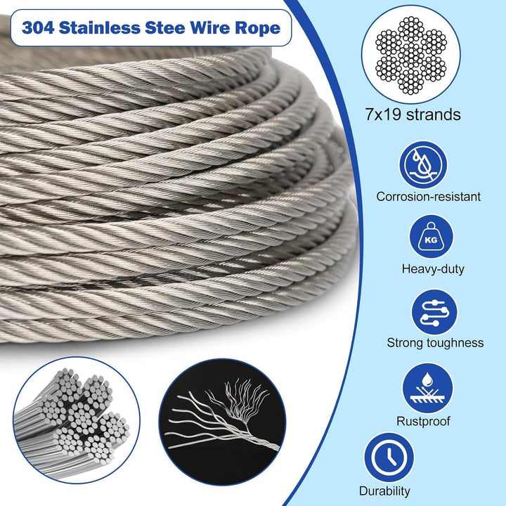 TooTaci 5mm Drahtseil, 15M/5mm Edelstahlkabel mit Quetschhülse und Stahlspleiss, 7x19 Litzen Flugzeu