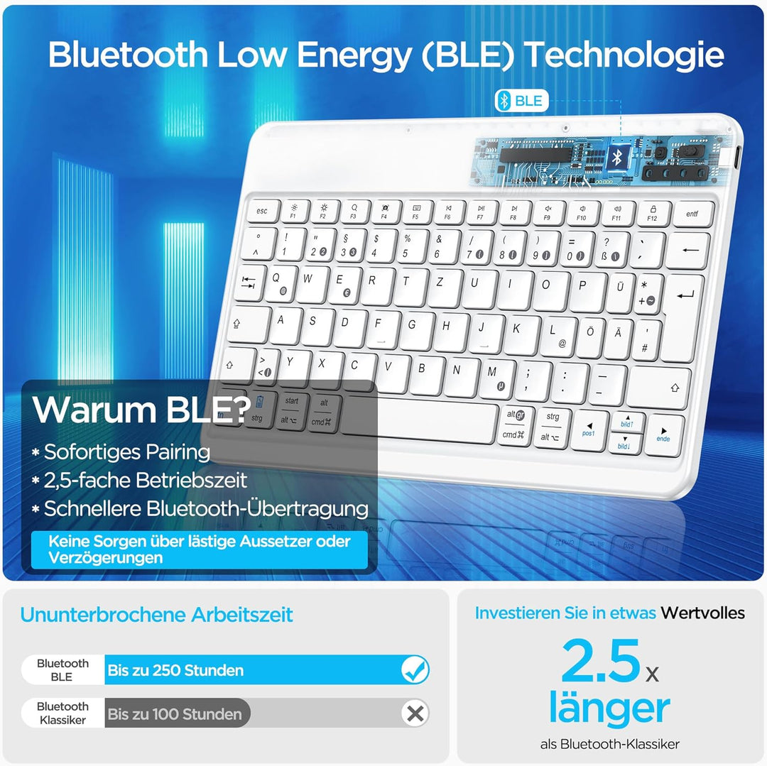 Emetok Deutsche Bluetooth Tastatur für iPad Air/Pro/Mini/10.9/10.2/9.7/iPhone/Android, Vergrösserte