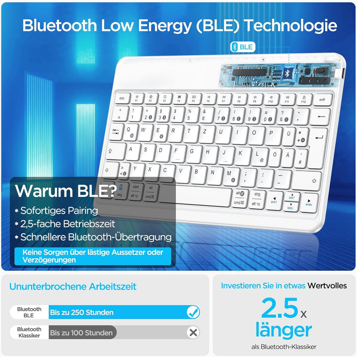 Emetok Deutsche Bluetooth Tastatur für iPad Air/Pro/Mini/10.9/10.2/9.7/iPhone/Android, Vergrösserte