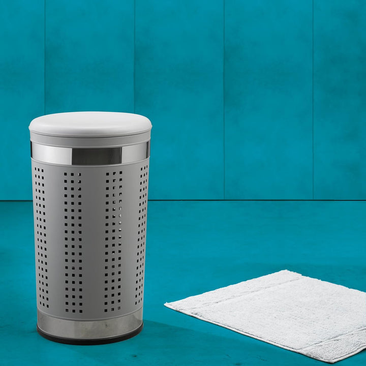 kela 21819 Wäschetruhe mit Sitzkissen, Rund, 60,5 cm Höhe, Metall, Sevilla, Hellgrau Hellgrau Metall