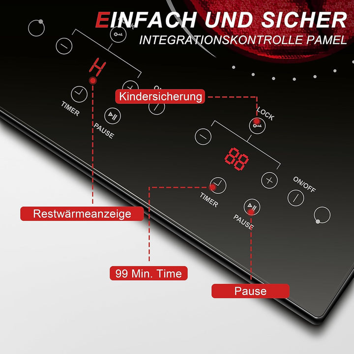 Glaskeramikkochfeld 2 Zonen mit Stecker, Hobsir Einbau Kochfelder 30cm, 3000W, Touch-Steuerung, Dopp