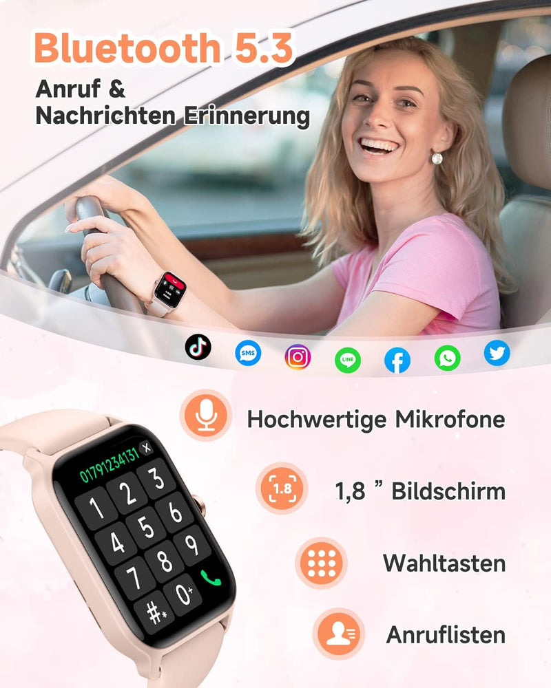 Smartwatch Damen mit Telefonfunktion 1.8" Alexa Integriert Herren Fitnessuhr 100+ Sportmodi, Pulsmes