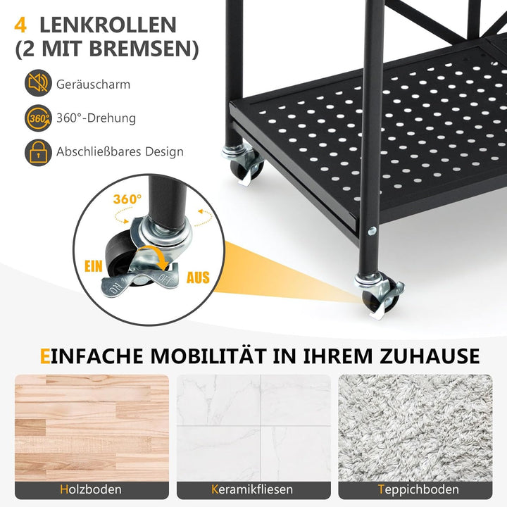 GOPLUS Servierwagen aus Metall, Küchenwagen klappbar mit Rädern, 3-stufiges Metallregal mit praktisc