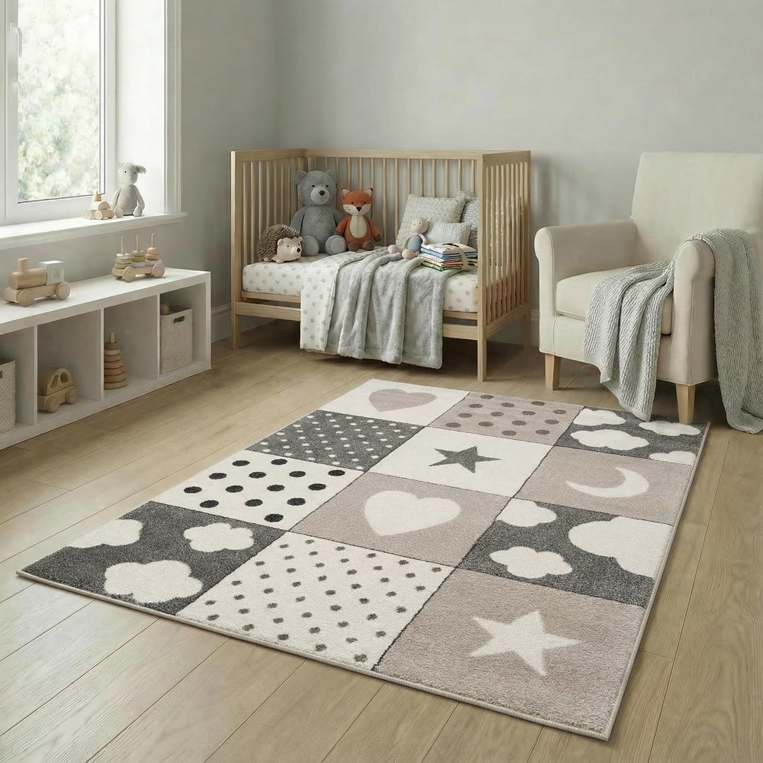 Kinderteppiche Patchwork Herz Sterne Wolke | Kinderteppich für Mädchen und Jungs | Teppich für Kinde