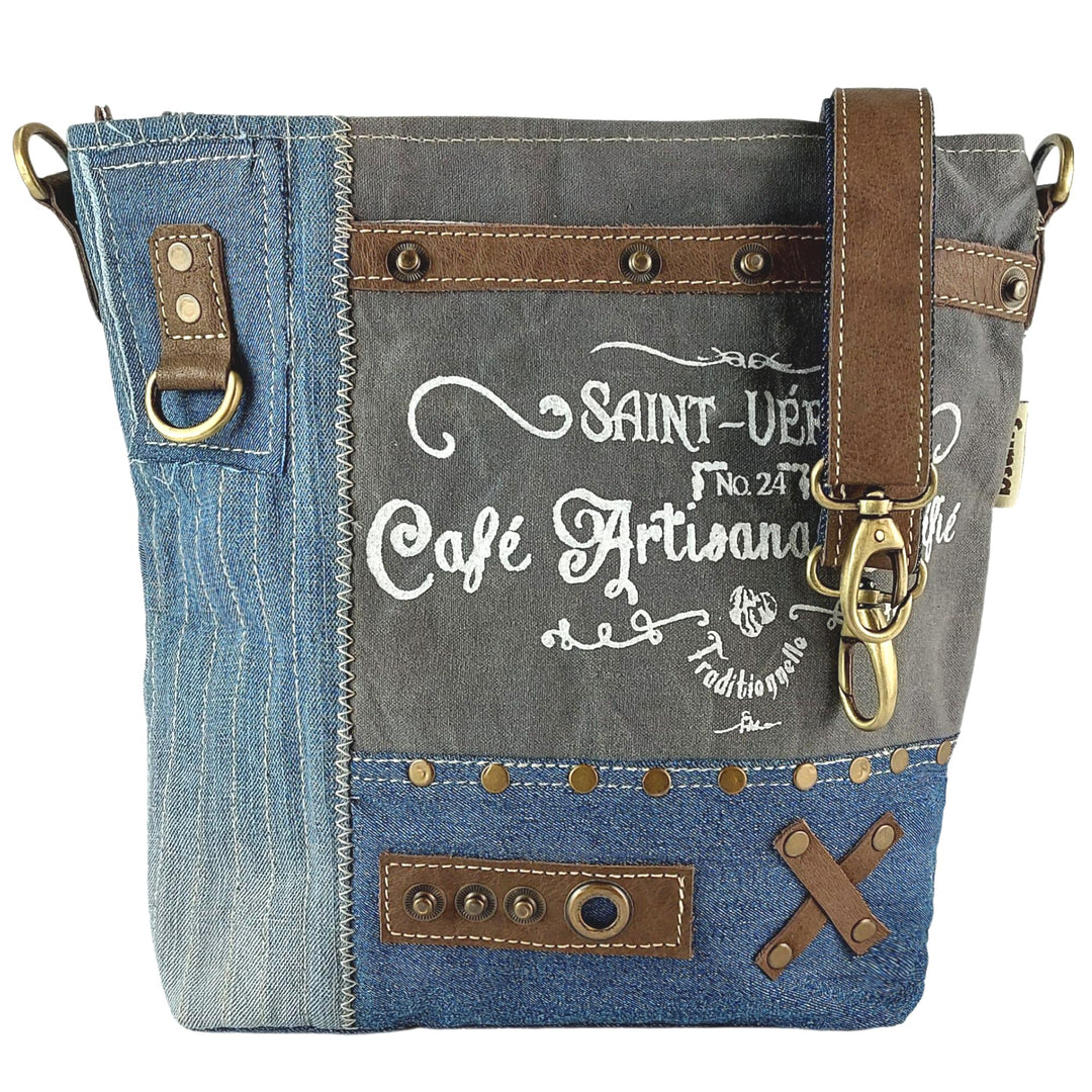 Sunsa Damen Umhängetasche. Schultertasche aus Canvas recycelte Jeans &amp; Leder. Grosse Vintage Crossbo
