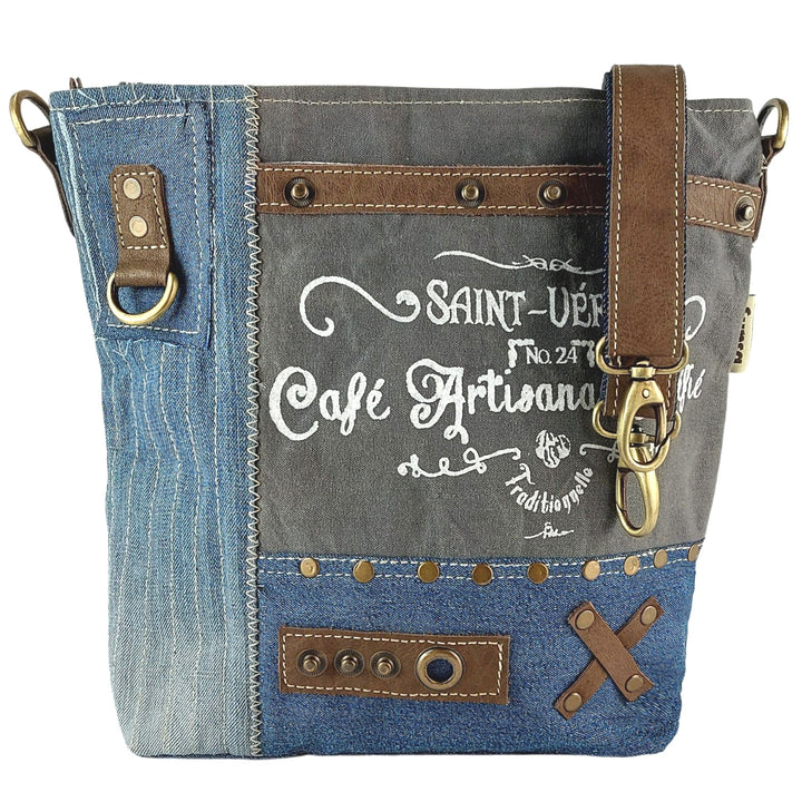 Sunsa Damen Umhängetasche. Schultertasche aus Canvas recycelte Jeans &amp; Leder. Grosse Vintage Crossbo