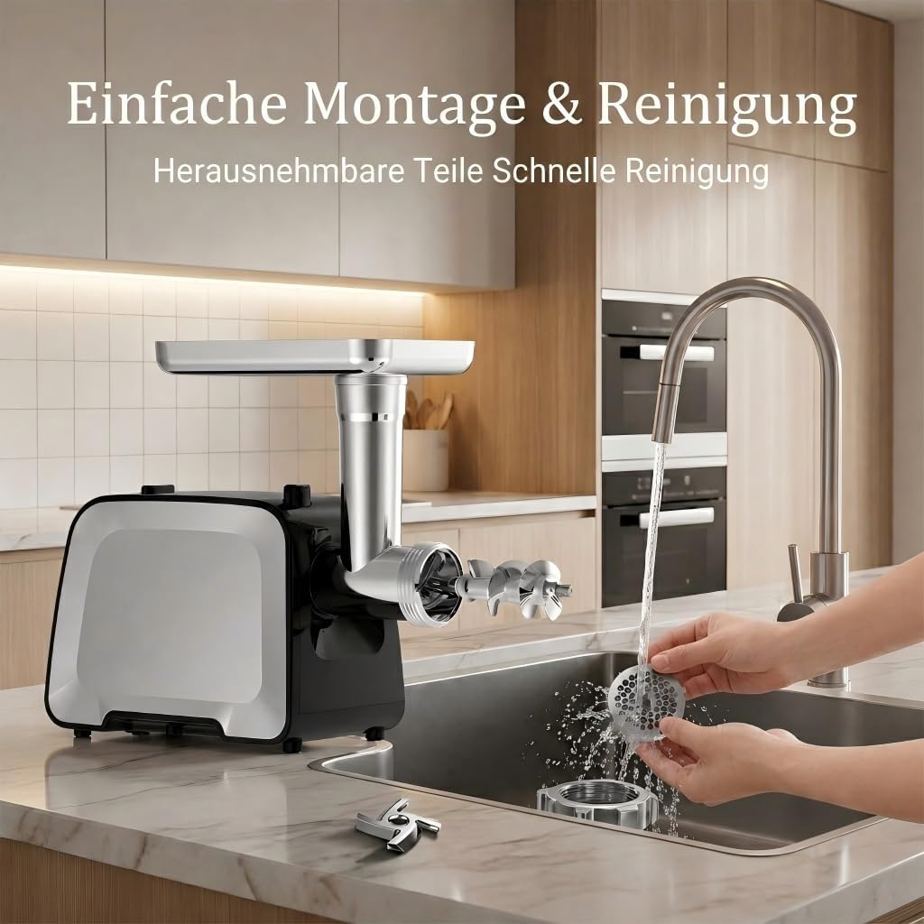 Elektrischer Fleischwolf 2800W[Max], Edelstahl Fleischmühle mit 2 Klingen, 3 Lochscheiben, Wurstfüll