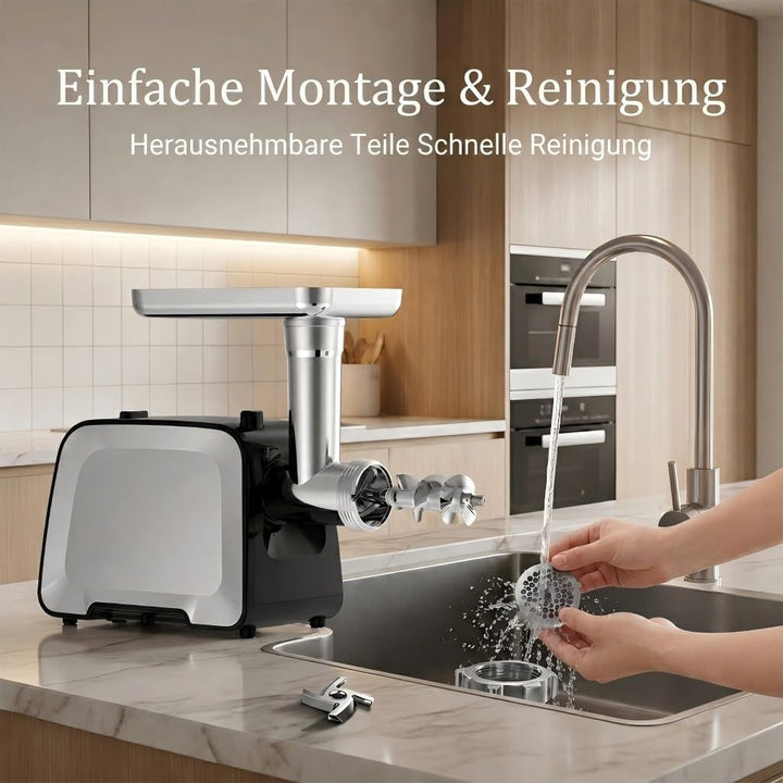Elektrischer Fleischwolf 2800W[Max], Edelstahl Fleischmühle mit 2 Klingen, 3 Lochscheiben, Wurstfüll