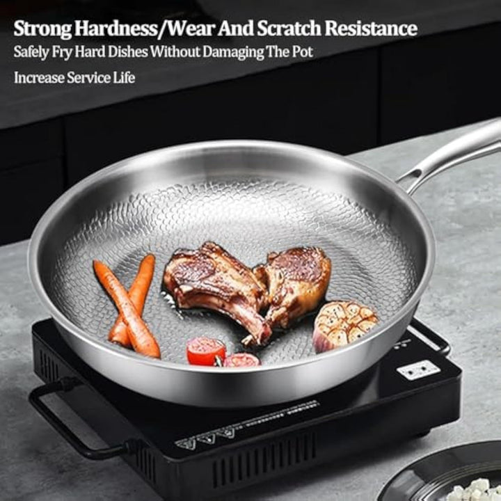 Titan Bratpfanne, Titanium Pfanne Unbeschichtet, Titanium Hammered Pan Pro mit Deckel, Antihaft Tita
