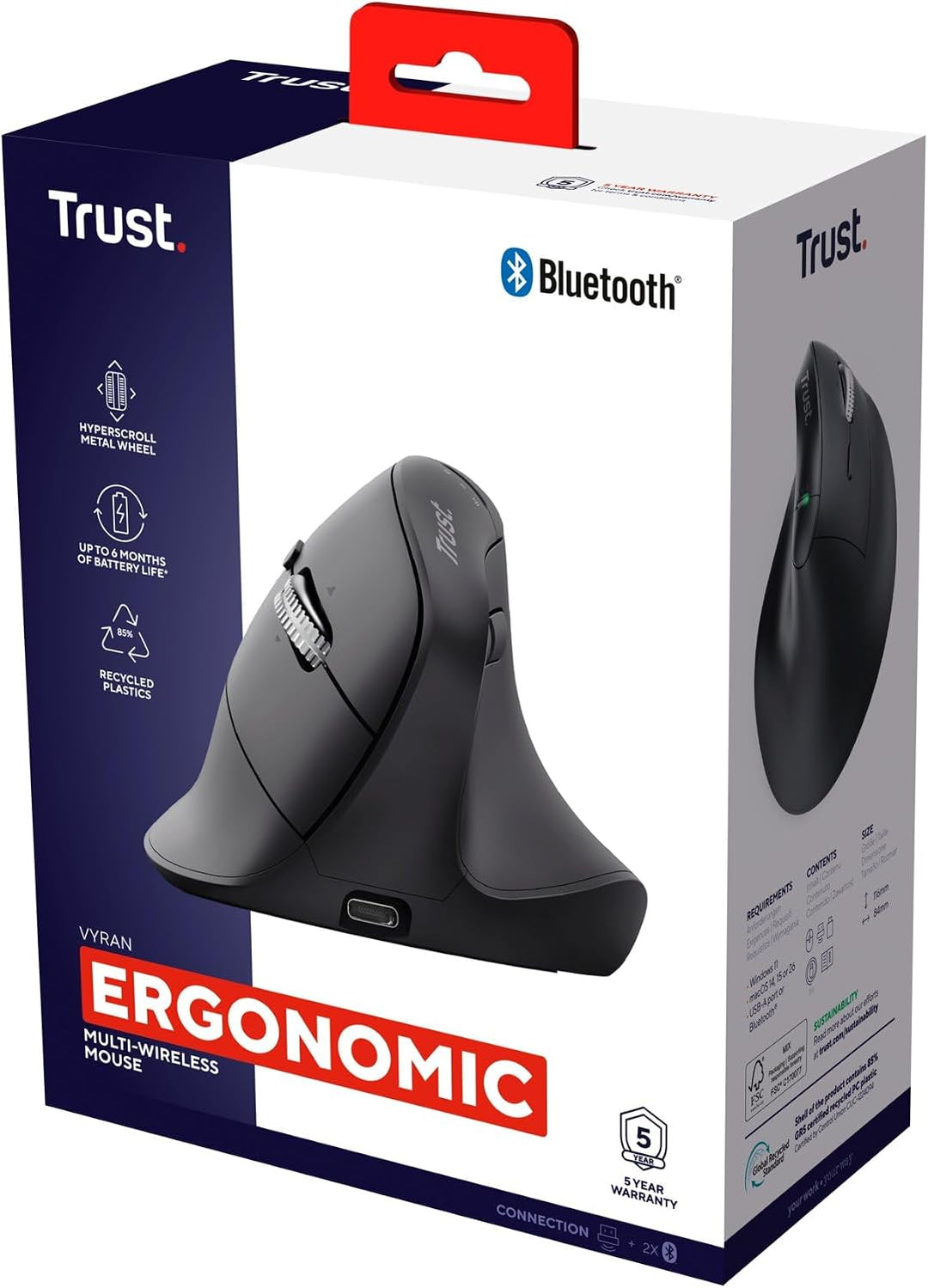 Trust Vyran Kabellose Ergonomische Maus Ultraschnelles Scrollrad, Schwarz | Horizontales Scrollen, B