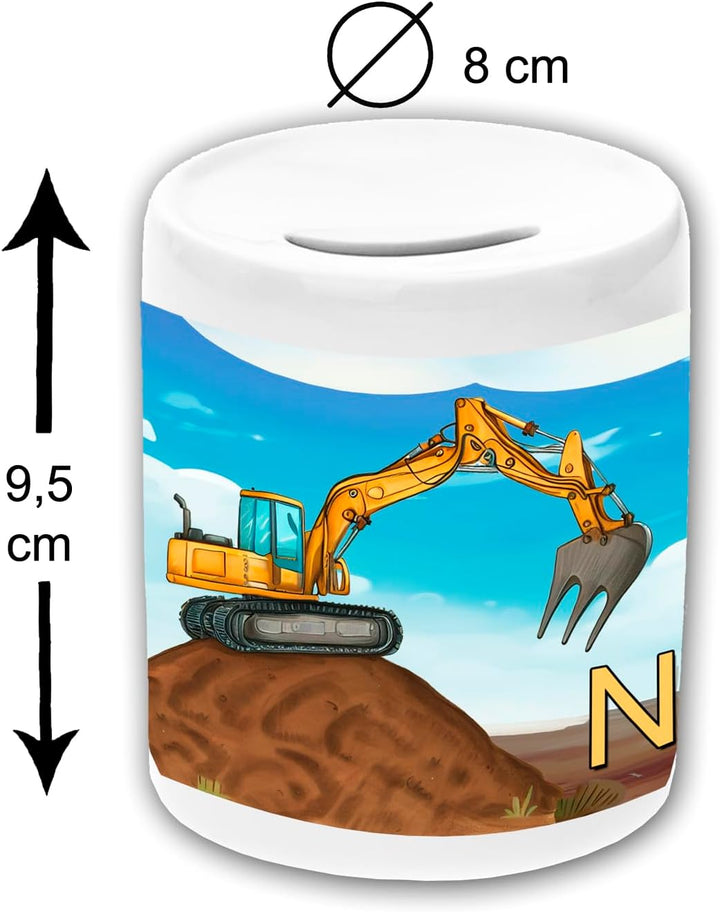 Keramik Spardose mit Personalisierung z.B. Name und Schriftartwahl (Bagger), Bagger