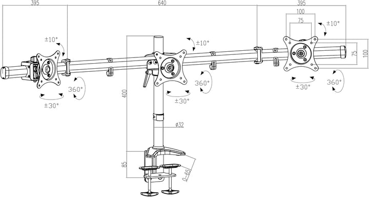HFTEK - Monitor TV Halter Mounts Tischhalterung für 3 Bildschirme von 15 bis 27 Zoll – VESA 75/100 -