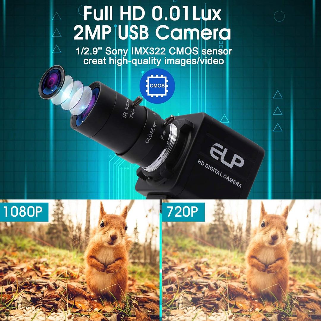 ELP FHD 1080P Zoom Webcam mit 5-50mm Variable Fokus Objektiv,2MP IMX323 Web Kamera Plug&amp;Play,0.01Lux