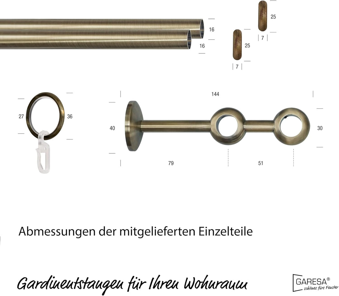 Garesa Gardinenstange Esperanca Ø 16mm, 2-läufig, Messing, antik I Rustikale Vorhangstange inkl. Rin