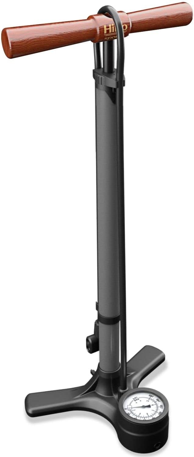 HiLo sports Fahrrad Standpumpe bis 11 bar - [Passt für alle Ventile] - Standluftpumpe mit Holz Griff
