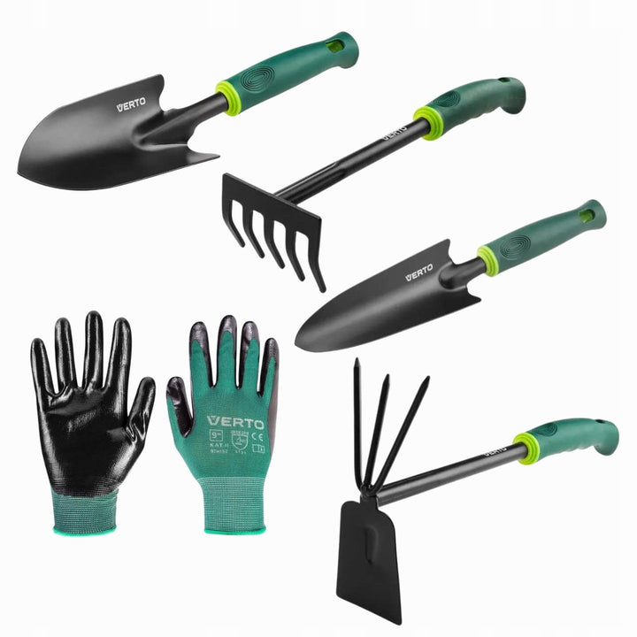 VERTO Gartengeräte-Set 4 TLG. mit Gartenhandschuhen| 2 x Pflanzkelle 34 und 35 cm + Kombihacke 34 cm
