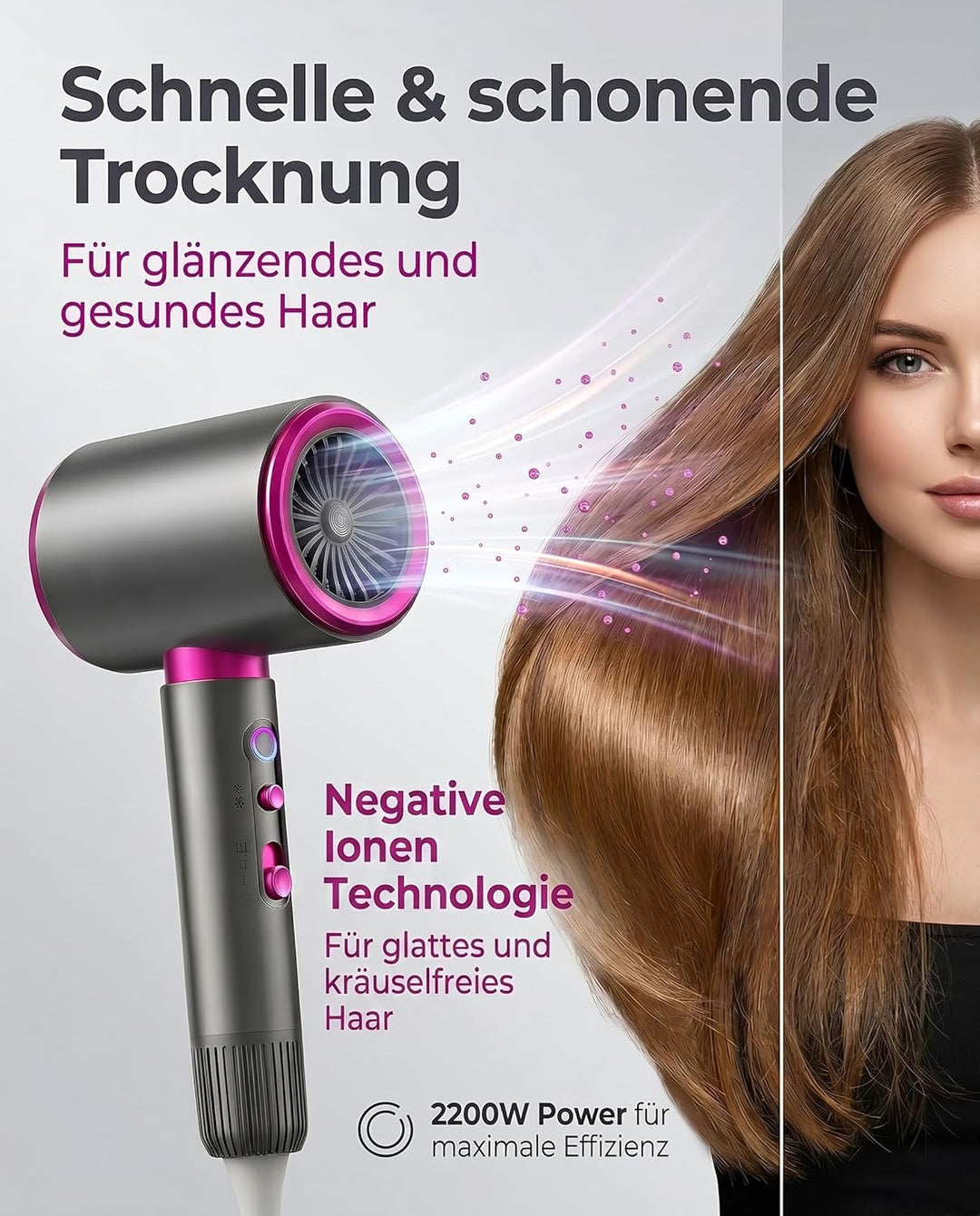 2200W Ionen-Haartrockner mit Diffusor Konzentrator Reiseföhn | 3 Temperaturen, 2 Geschwindigkeiten,