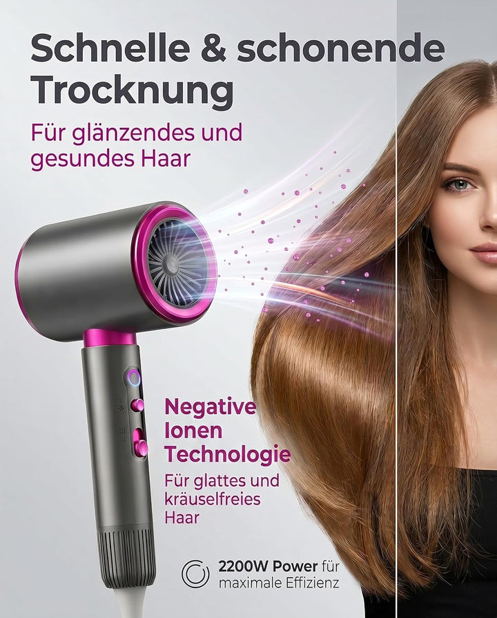 2200W Ionen-Haartrockner mit Diffusor Konzentrator Reiseföhn | 3 Temperaturen, 2 Geschwindigkeiten,