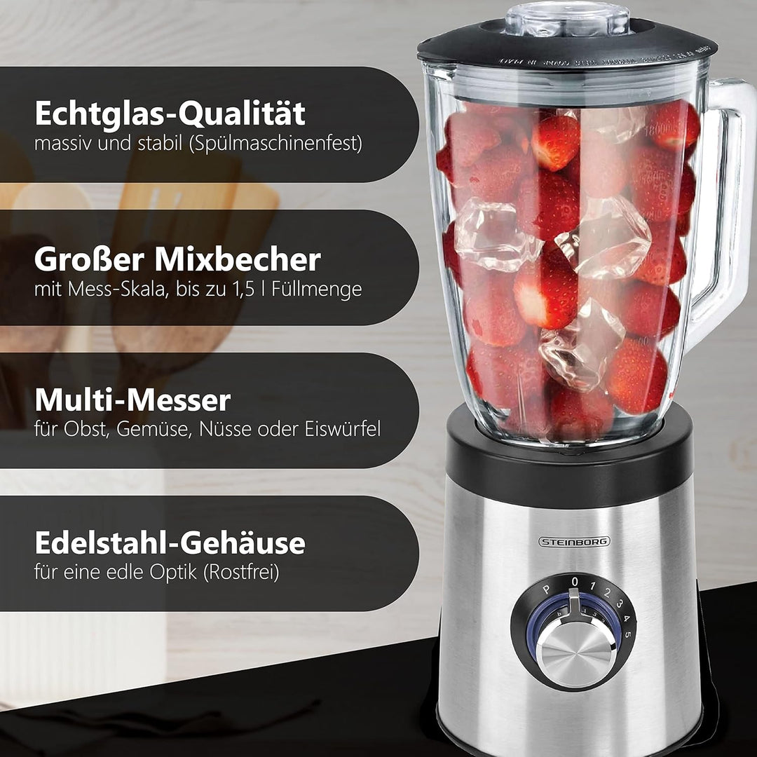 Standmixer | 800 Watt | 6-Fach Metallmesser | 1,5 Liter | 5 Stufen | Glas Edelstahl | Pulsfunktion |