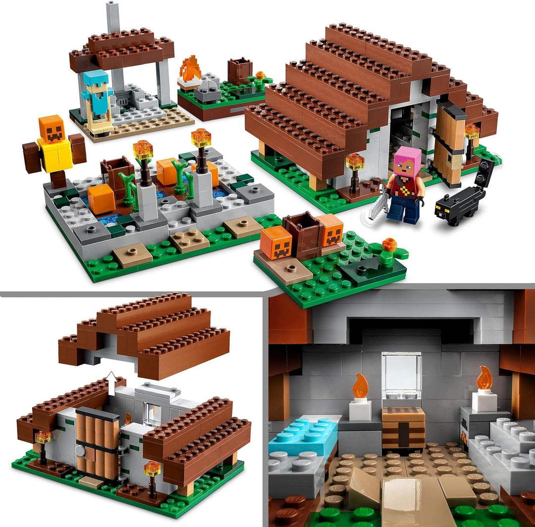 LEGO 21190 Minecraft Das verlassene Dorf, Spielzeug mit Zombiejäger Lager, Werkstatt, Farm und Haus