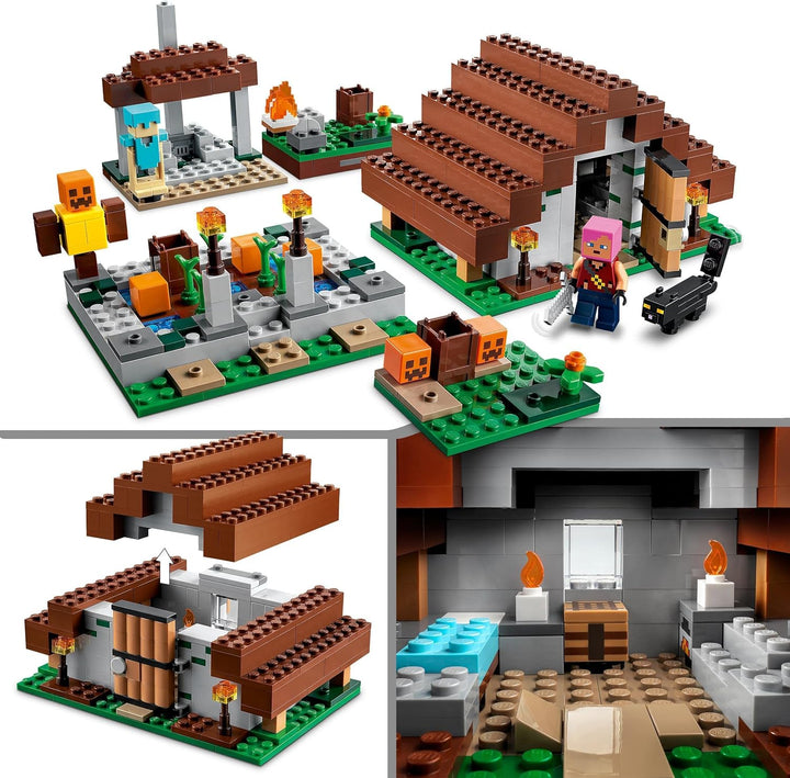 LEGO 21190 Minecraft Das verlassene Dorf, Spielzeug mit Zombiejäger Lager, Werkstatt, Farm und Haus