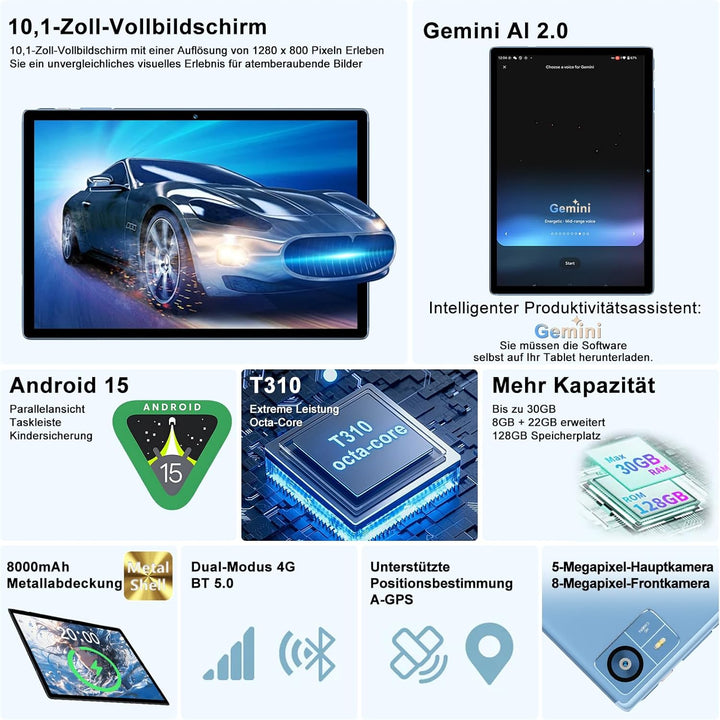 Tablet 10.1 Zoll Android 15 Tablet 【30 GB RAM + 128 GB ROM+2TB】【Gemini AI】, Widevine L1, Octa Core,