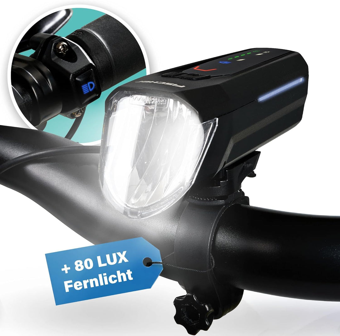 FISCHER Fahrrad LED-Frontlicht 100 Lux Fernlicht, mit Sensormodus, spritzwassergeschütztes Gehäuse,