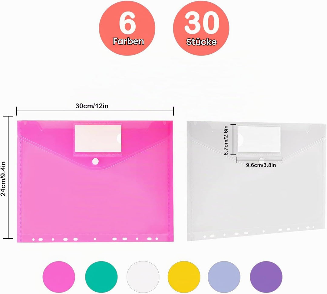 Dokumententasche A4 30 pack, Dokumentenmappe A4 Transparent Sammelmappen mit 11 Lochrand und Etikett
