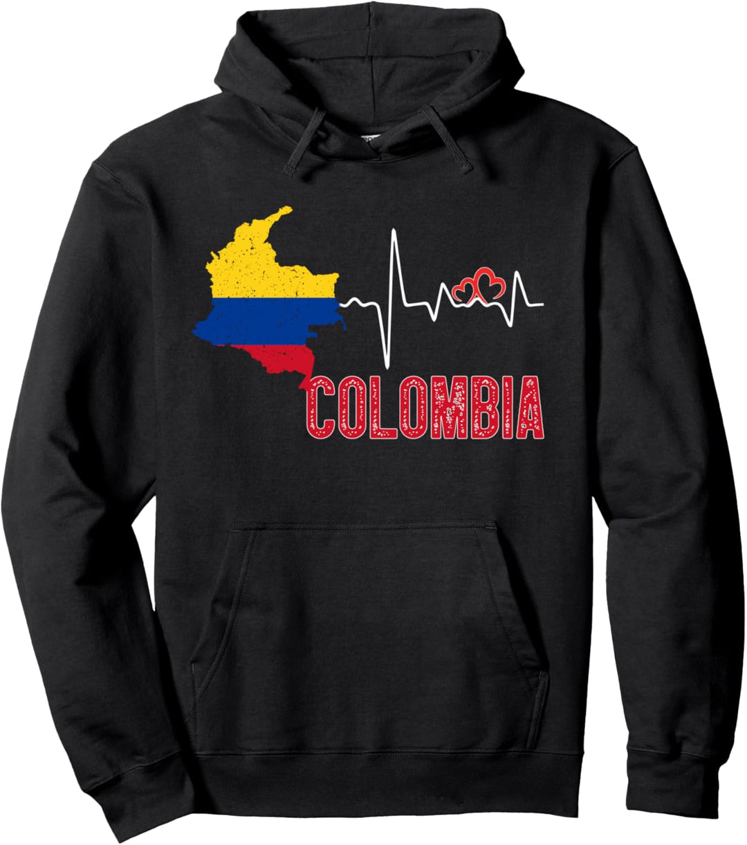 Colombia Flag Map Heartbeat Design for Colombian Pride Pullover Hoodie