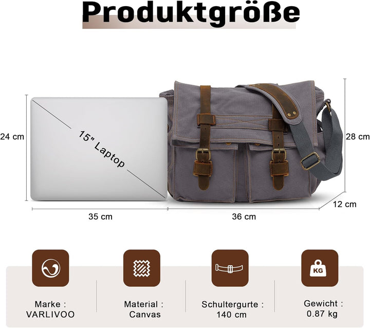 VARLIVOO Umhängetasche für Herren Schultertaschen 14" Zoll Laptoptaschen Messenger Bags Kuriertasche
