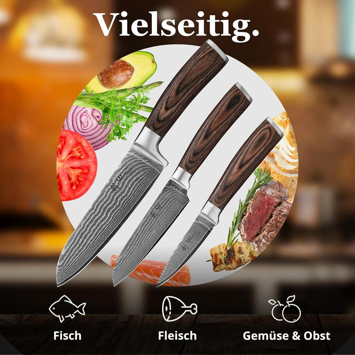 Wakoli Edib 3er Damastmesser-Set mit Klingenlängen von 8,50cm bis 17,00cm extrem scharf aus 67 Lagen