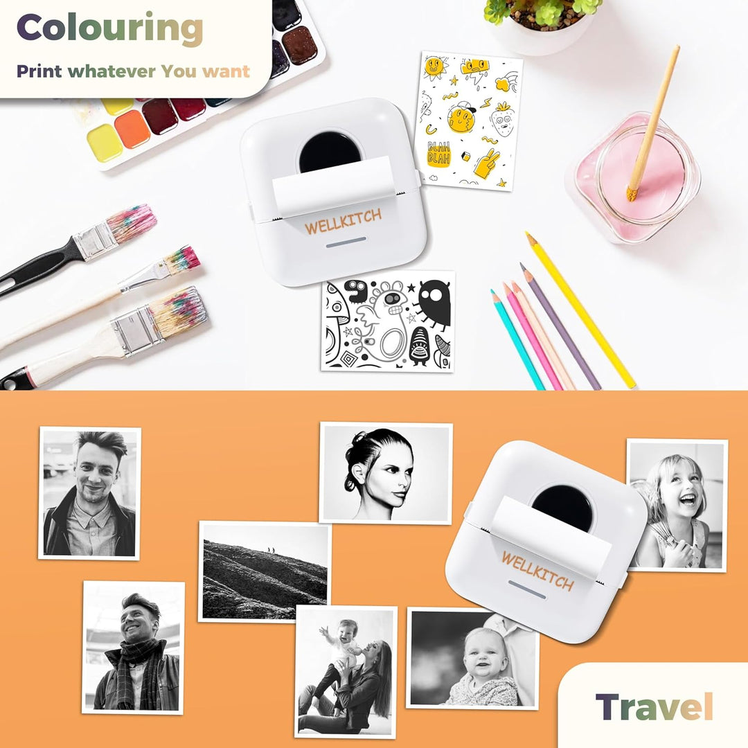 wellkitch Tragbarer Mini-Thermodrucker – WLAN-Drucker ohne Tinte für Fotos, personalisierte selbstkl