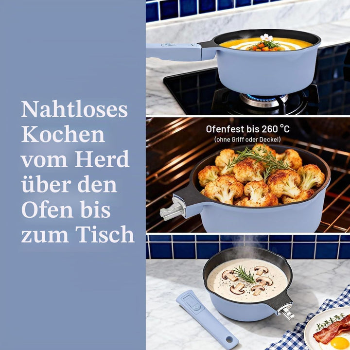 Kasserolle 16cm mit Deckel, 1.5L Antihaft-Stielkasserolle mit Abnehmbarer Griff, Milchtopf Geeignet