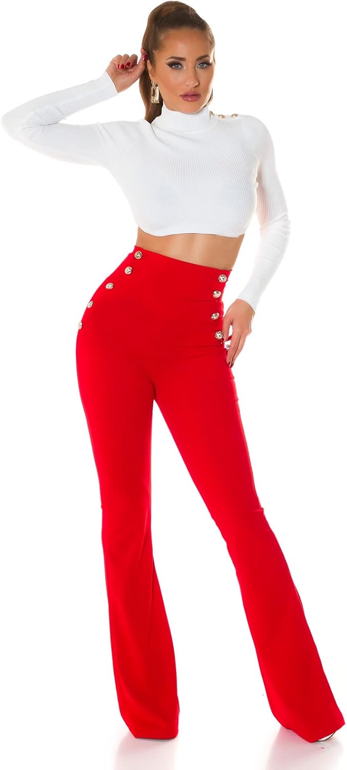 Koucla Stoff Business High Waist Schlag Hose mit Deko Knöpfe XL Rot, XL Rot