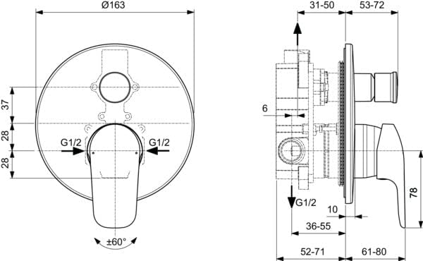 Ideal Standard - Ceraflex, Mischbatterie für Badewanne oder Dusche, Unterputz, Zwei-Wege, Aussenteil