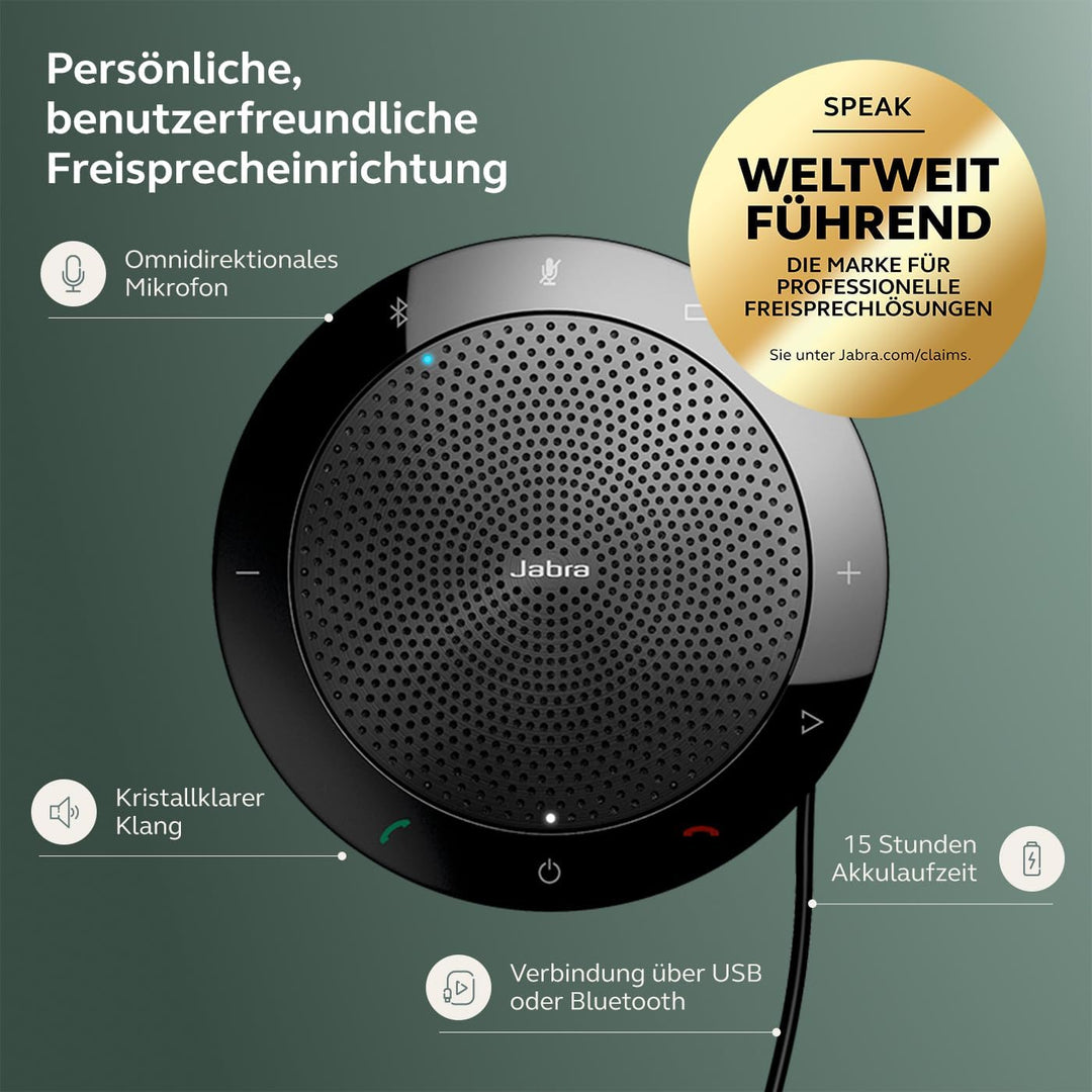 Jabra Speak 510+ Speaker Phone - Microsoft Certified Portable Conference Speaker with Bluetooth Adap