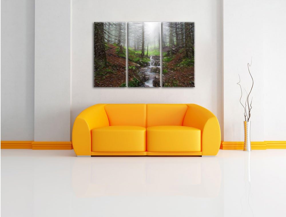 Pixxprint Bach im Wald / 3-Teilig/Gesamtmass 120cm Leinwandbild bespannt auf Holzrahmen/Wandbild Kun