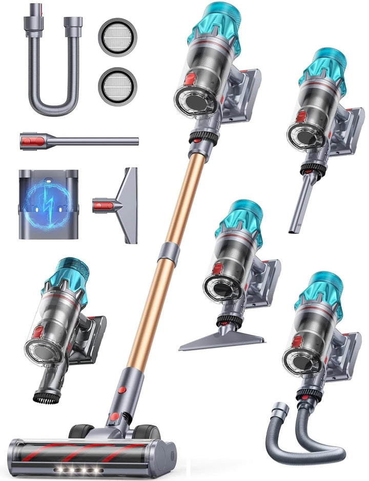 Fieety Akku Staubsauger Kabellos, 50kPa/600W Starkes Saugen, 65Min, 1.6L Beutellos - 8-in-1 Mit Anti