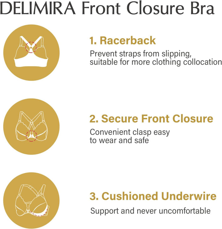 DELIMIRA Damen Vorderverschluss BH mit Bügel Vollständige Abdeckung Grosse Grössen 75B Weiss, 75B We