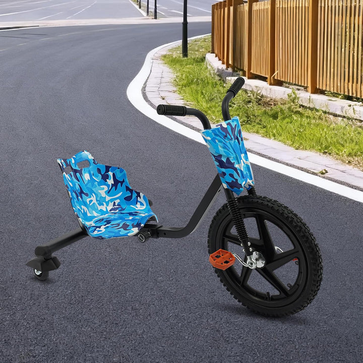 Pedal Drift Scooter für Kinder, Blau Tarnmuster Design, Leuchtende Hinterräder & Verstellbare Länge
